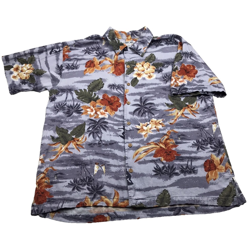 Cherokee Hawaiian Shirt Mens LARGE Floral Hibiscus Aloha Colorful Camp Tropical